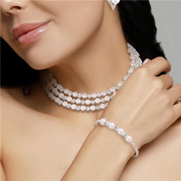 Pearl Rhinestone Jewelry Set for Women Pearl Necklace Bracelet Earrings - Picture 5 of 7